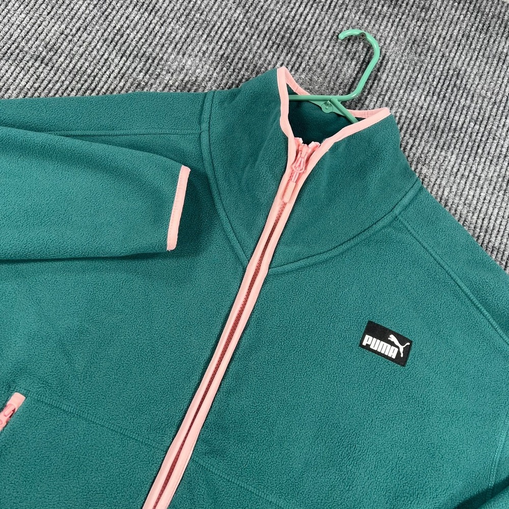 PUMA Fleece Sweatshirt Womens XL Extra Large Green Pink Full Zip Long Sleeve